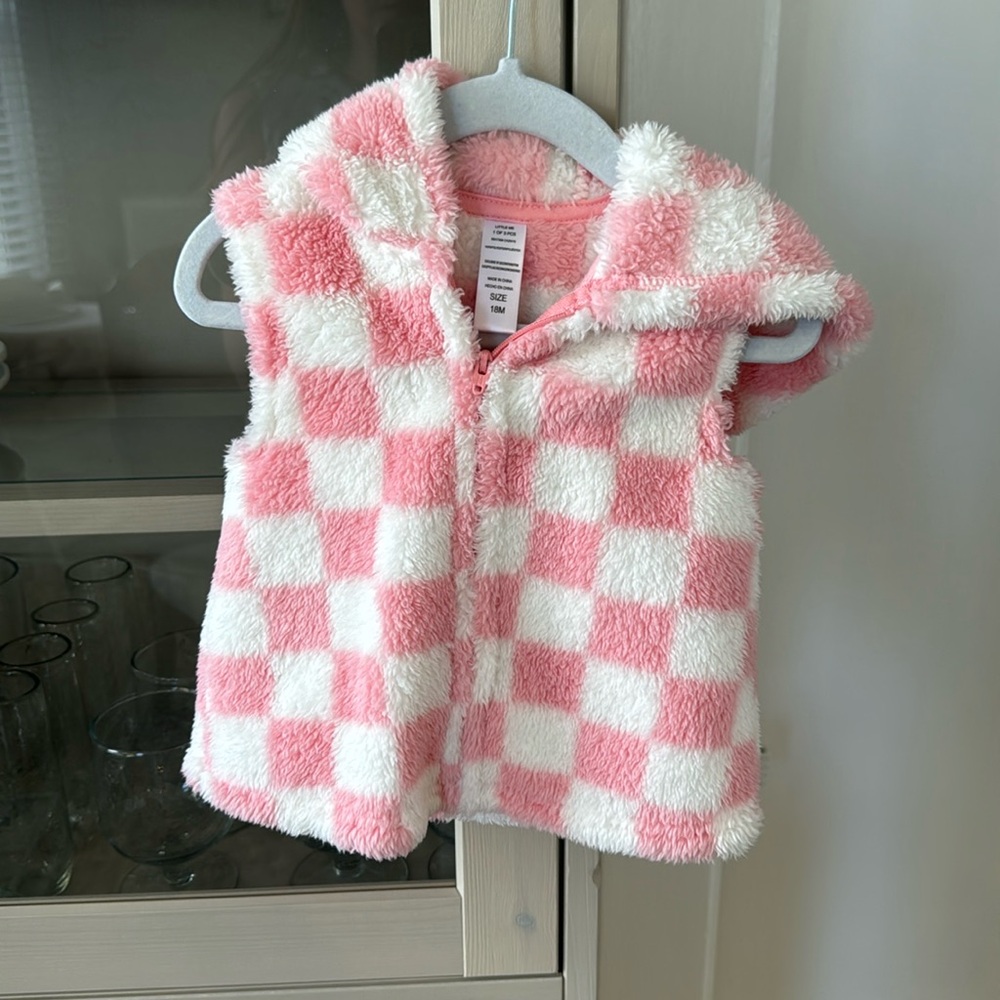 Little Me pink/white checkered vest with hood. Size 18M